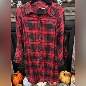 Soft Surroundings Bennington Shirt Dress Red Black Plaid Pockets Dress Petite XS